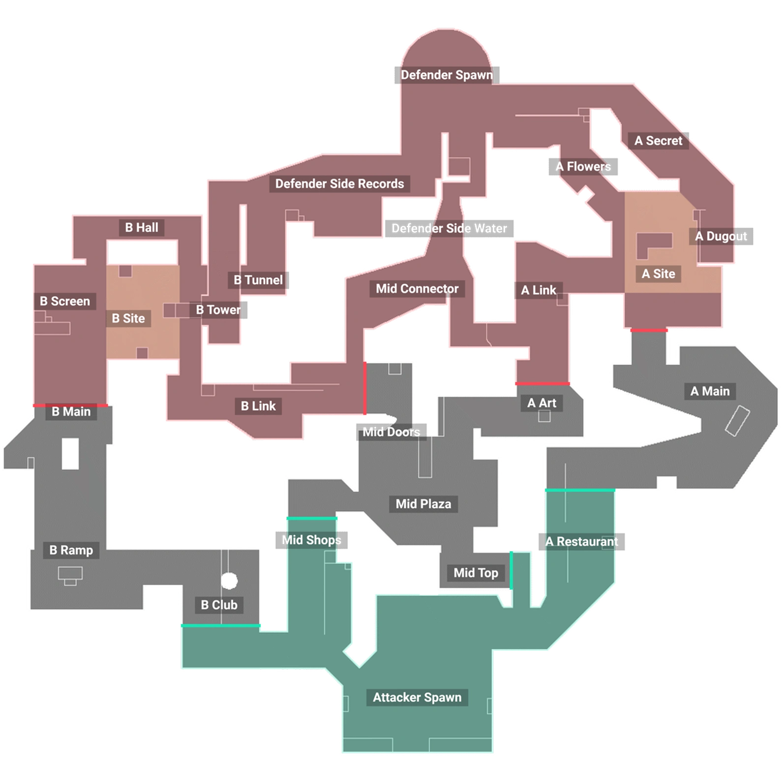 Game map lay-out met verschillende zones: “A Site”, “B Site”, paden en spawn-gebieden. Belangrijke gebieden gemarkeerd voor defensieve en offensieve strategieën
